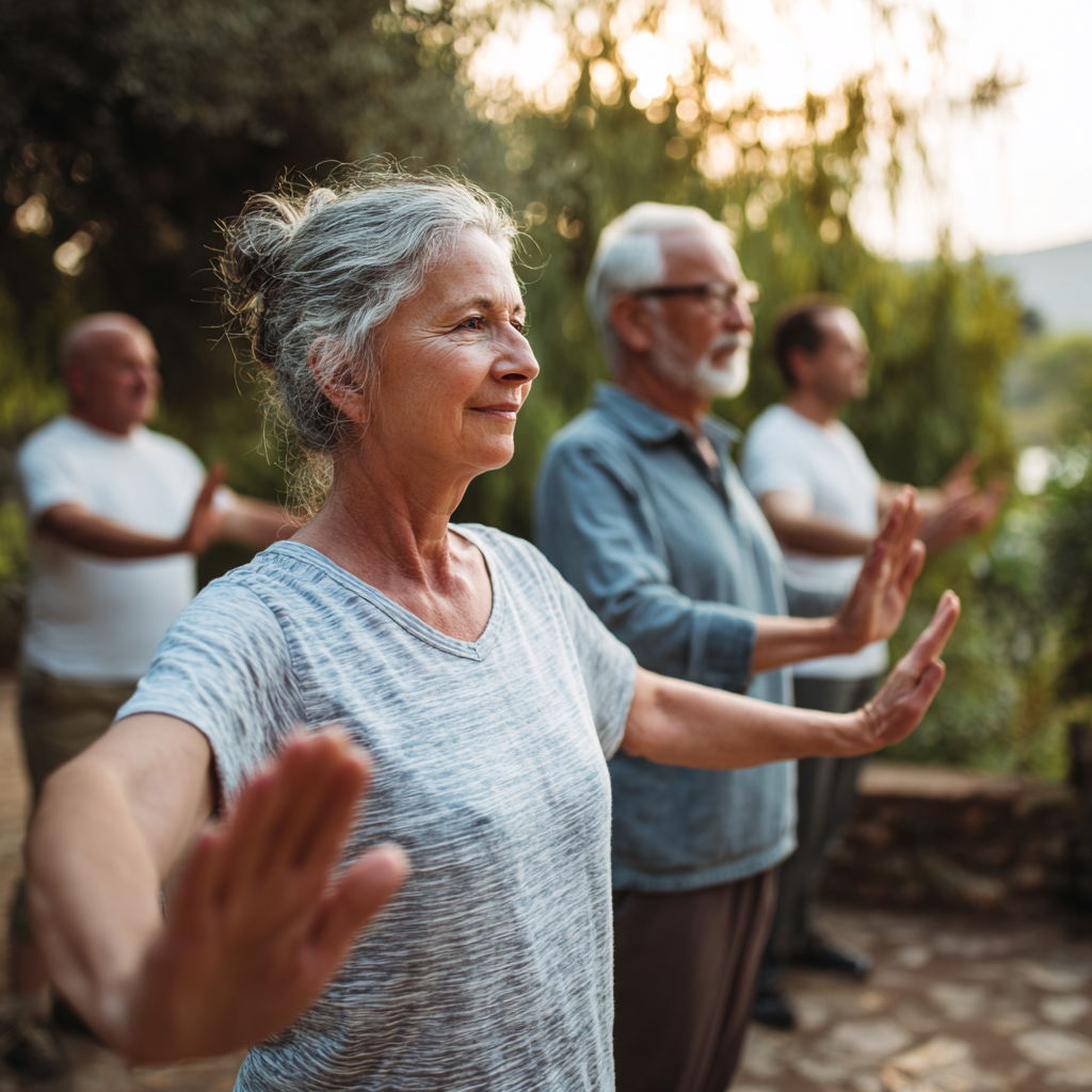 Middle-aged adults practicing gentle mobility exercises in natural outdoor setting