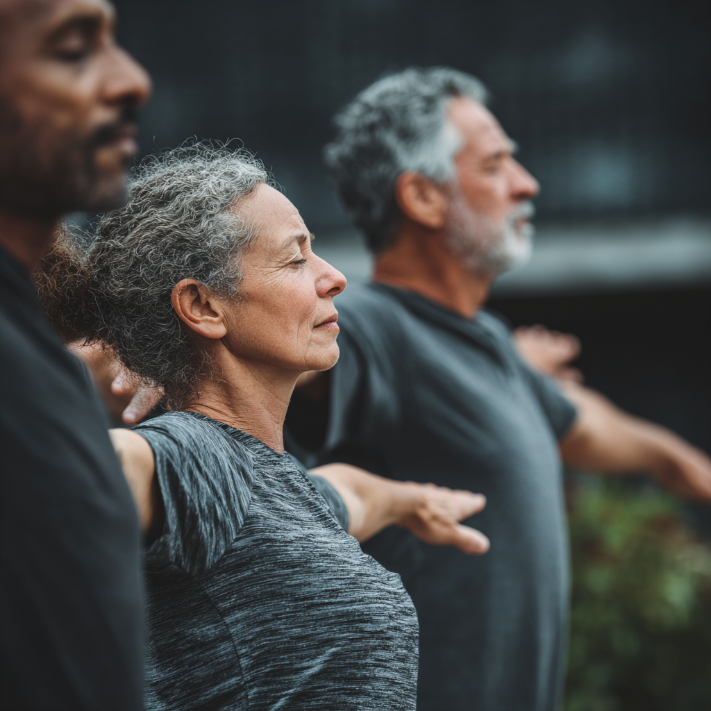 Middle-aged adults practicing natural movement patterns outdoors