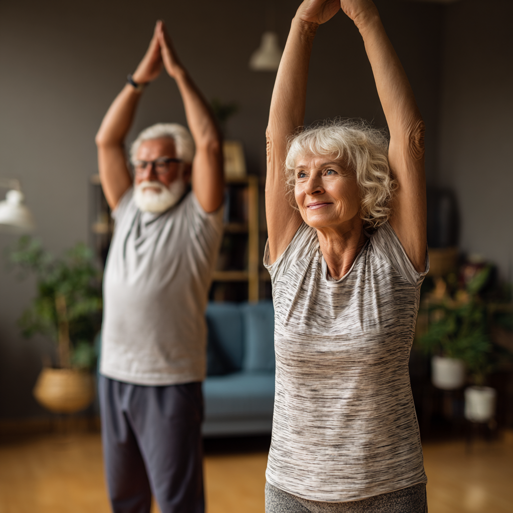 Older adults demonstrating gentle stretching and mobility exercises in comfortable home environment